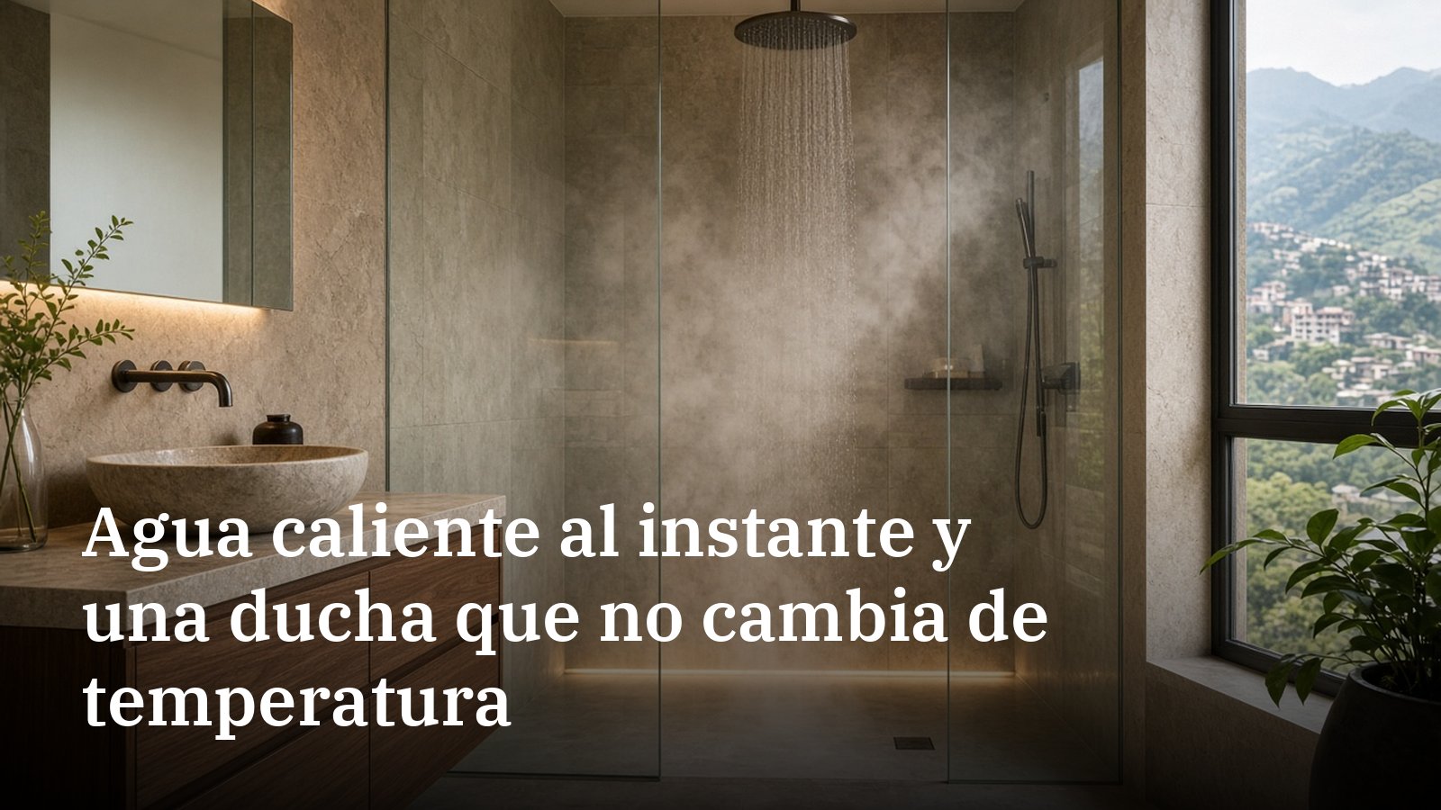 Baño moderno con ducha tipo lluvia encendida y vapor detrás de un vidrio, mueble de madera con lavamanos de piedra y una ventana con vista a las montañas de Medellín