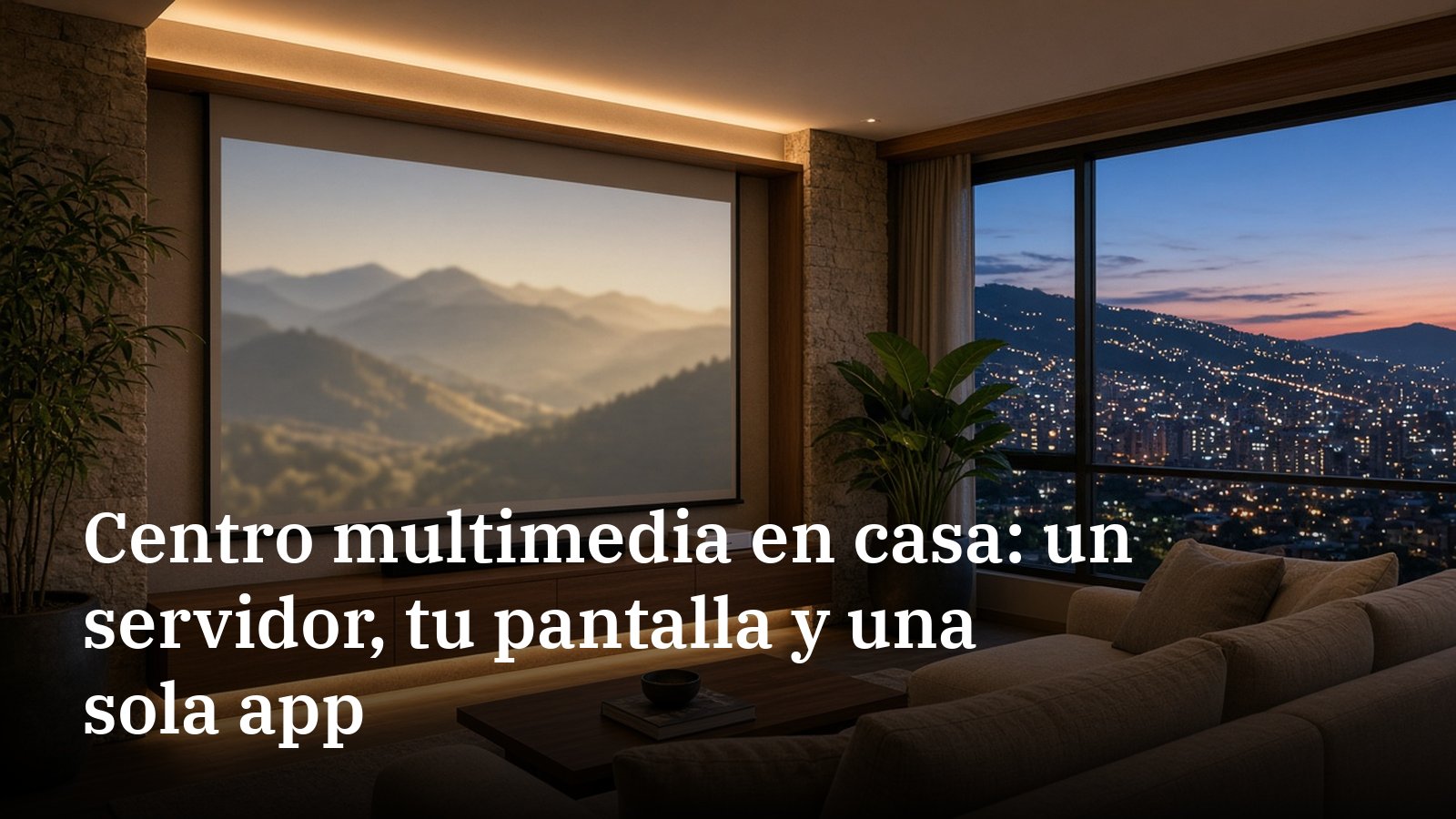 Sala de un apartamento en Medellín al anochecer con pantalla de proyector, barra de sonido y un Mac mini en el mueble