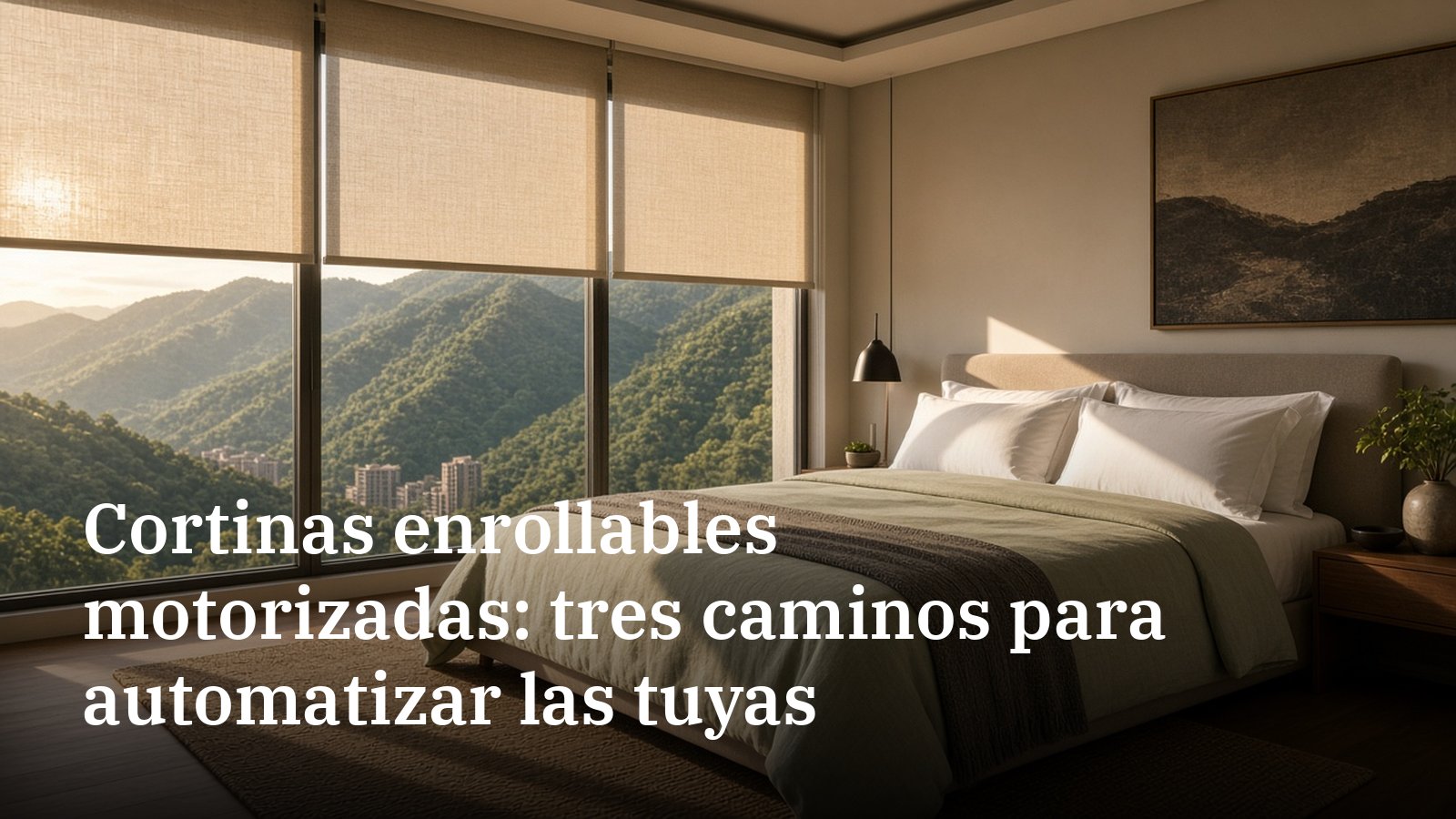 Habitación de un apartamento en Medellín al atardecer con cortinas enrollables de lino a media altura y luz dorada sobre la cama