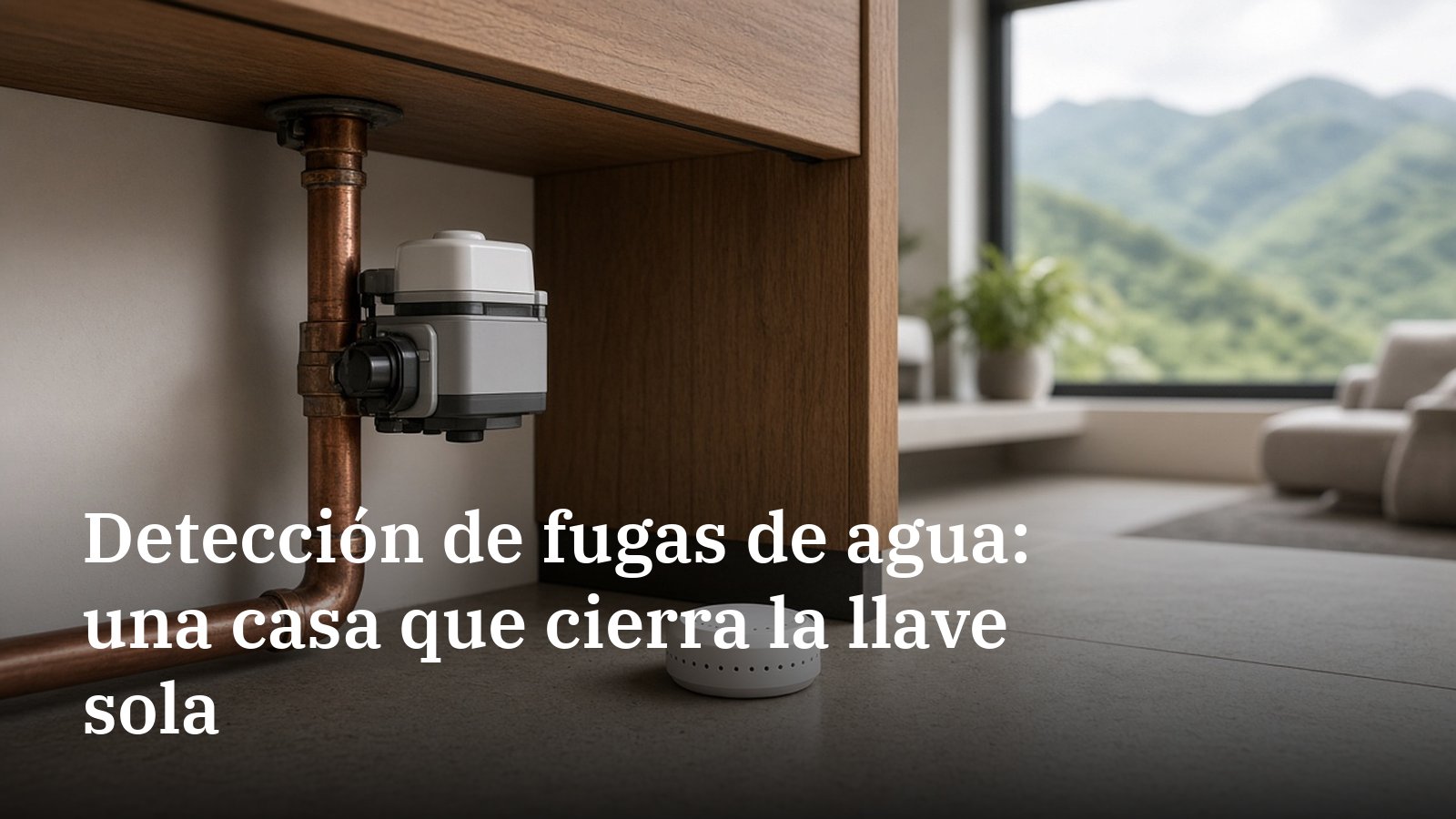 Tubería de cobre con una válvula motorizada de corte de agua bajo un mueble de madera, con un sensor de inundación blanco en el piso de piedra y una ventana con vista a la montaña