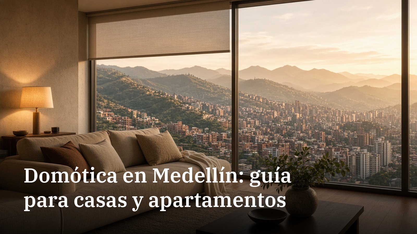 Sala de apartamento en Medellín con persianas, luces y aire integrados