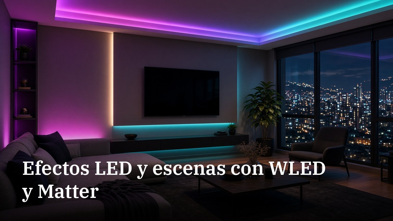 Sala moderna de noche con una escena LED de colores en degradado magenta, violeta y turquesa en el cielo raso y detrás del televisor, con la ciudad iluminada al fondo