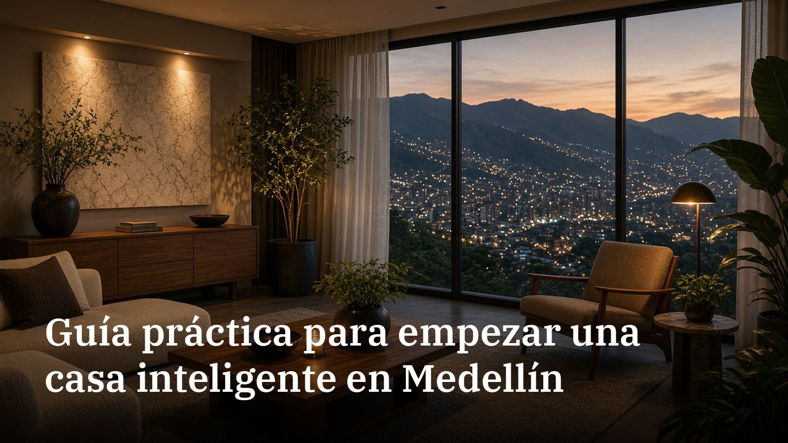Sala de un apartamento en Medellín al atardecer, con lámparas cálidas encendidas y un ventanal con vista al valle iluminado.
