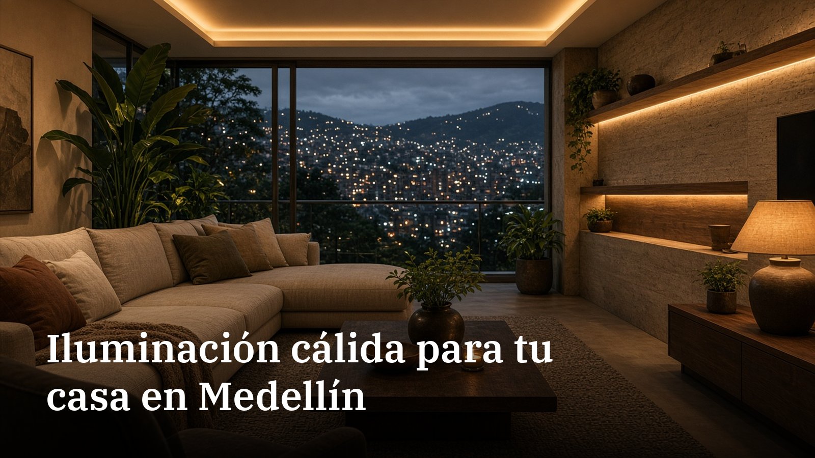 Sala acogedora en Medellín de noche con luz LED cálida indirecta en el techo y bajo las repisas, sofá de lino y vista a las luces del valle de Aburrá