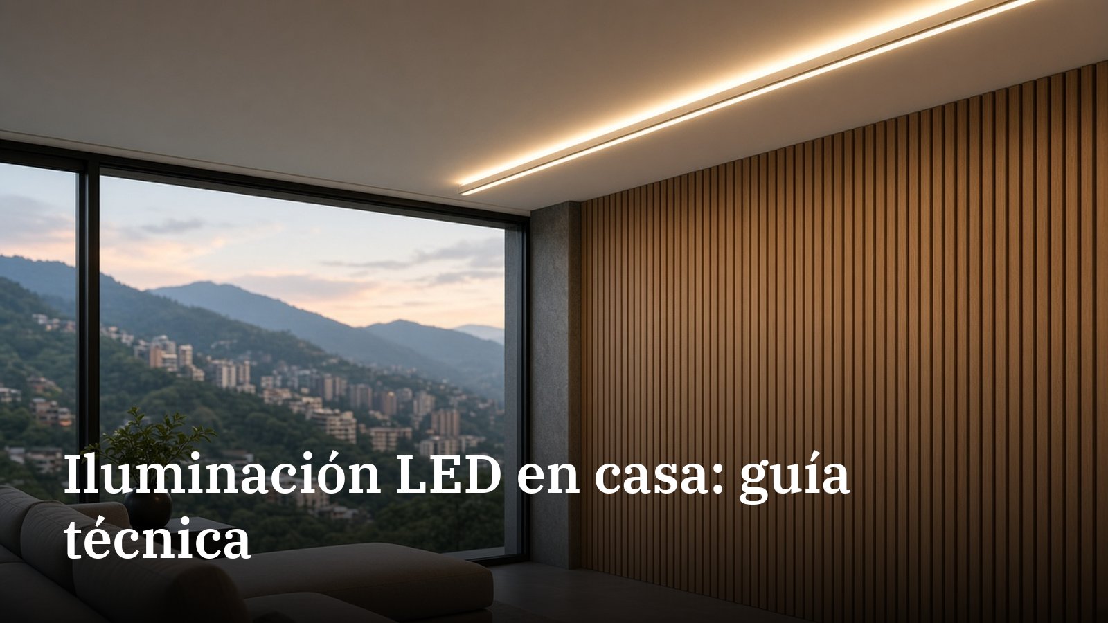 Cielo raso con tira LED empotrada en perfil de aluminio y pared de listones de madera, frente a un ventanal con vista a las montañas de Medellín al atardecer