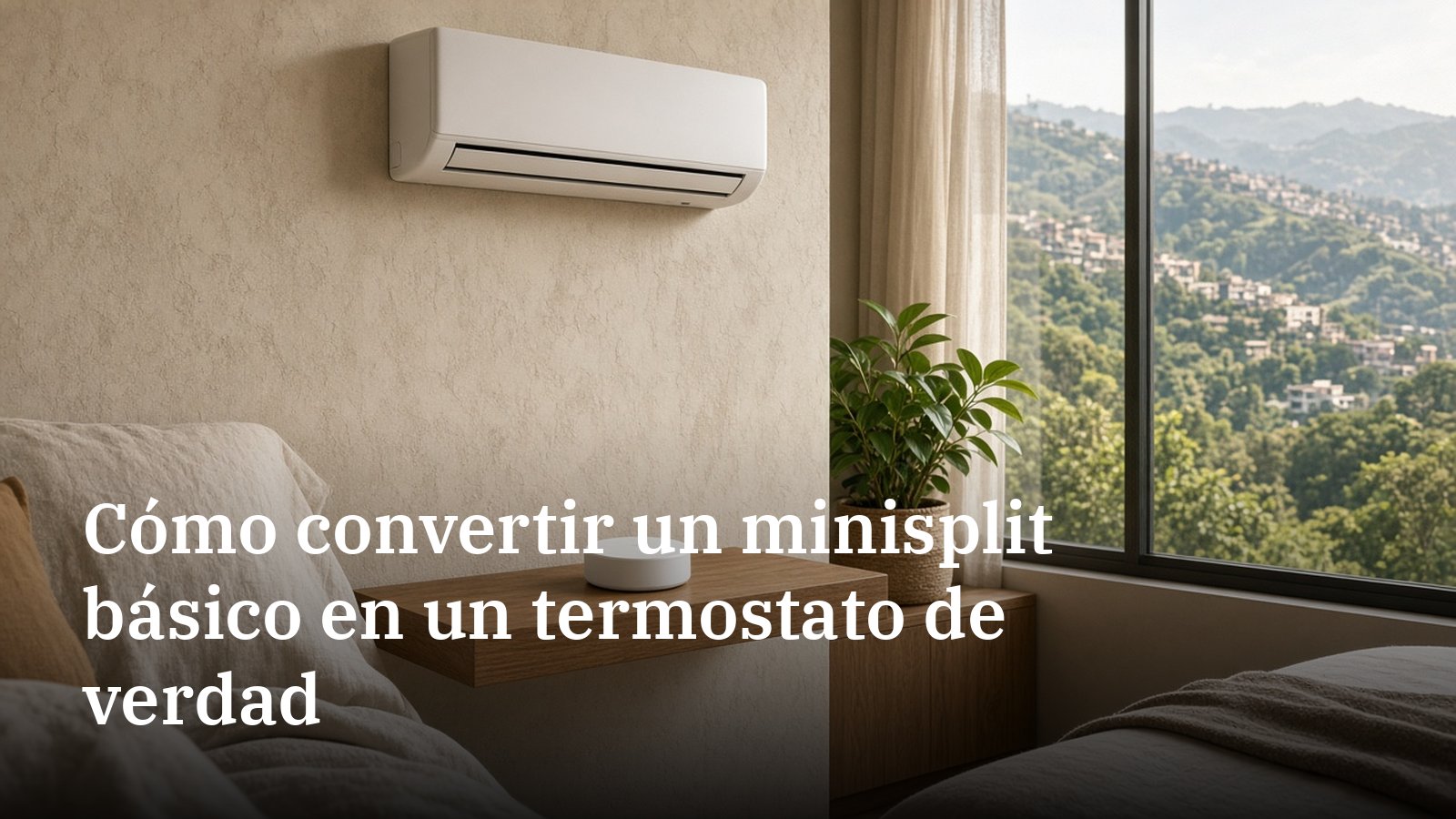 Dormitorio moderno en Medellín con un minisplit en la pared y un pequeño módulo infrarrojo sobre una repisa de madera, con vista a las montañas verdes.