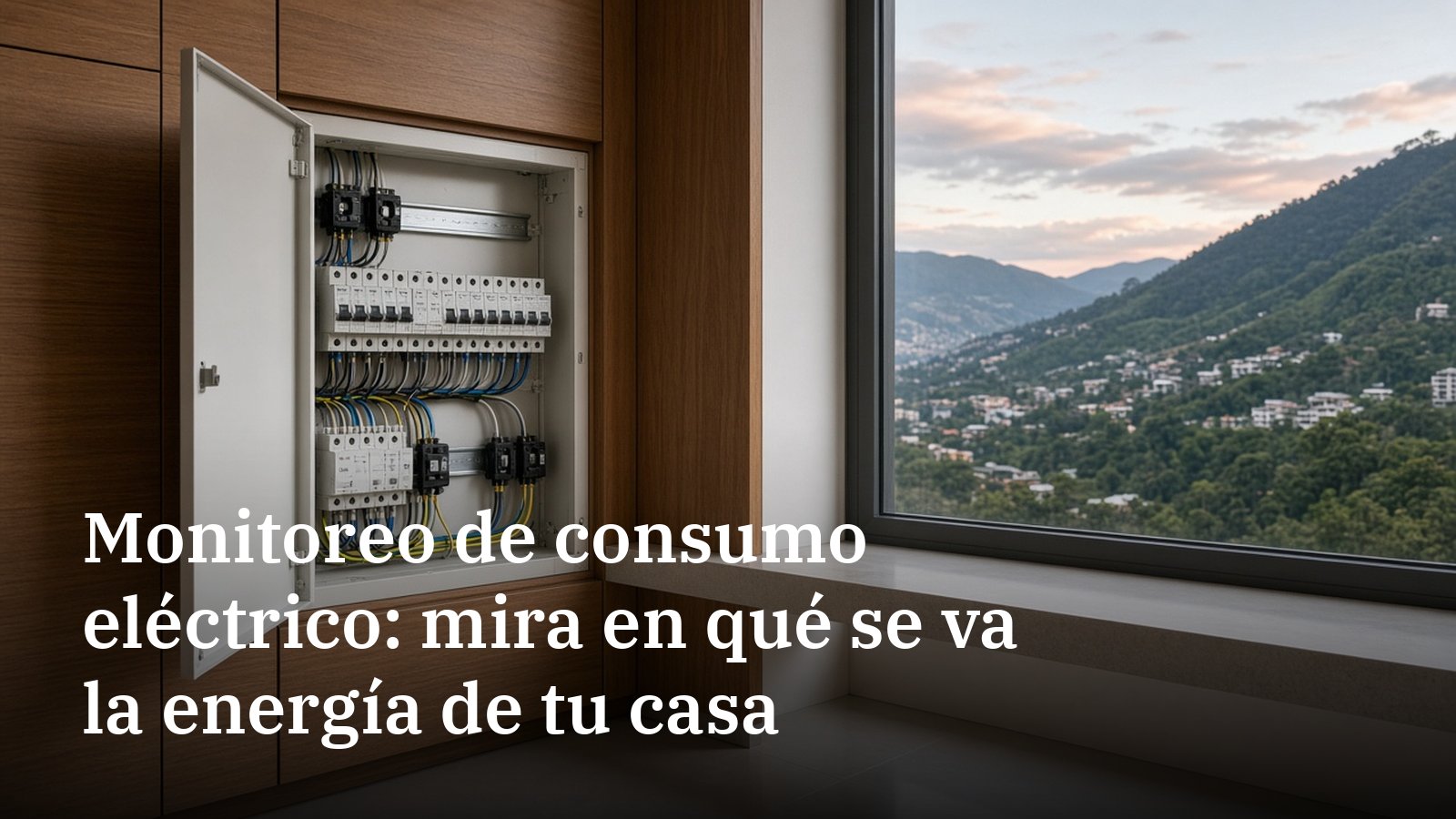 Tablero eléctrico abierto empotrado en un mueble de madera, con breakers ordenados y pequeños sensores de pinza en varios cables, junto a una ventana con vista a la montaña