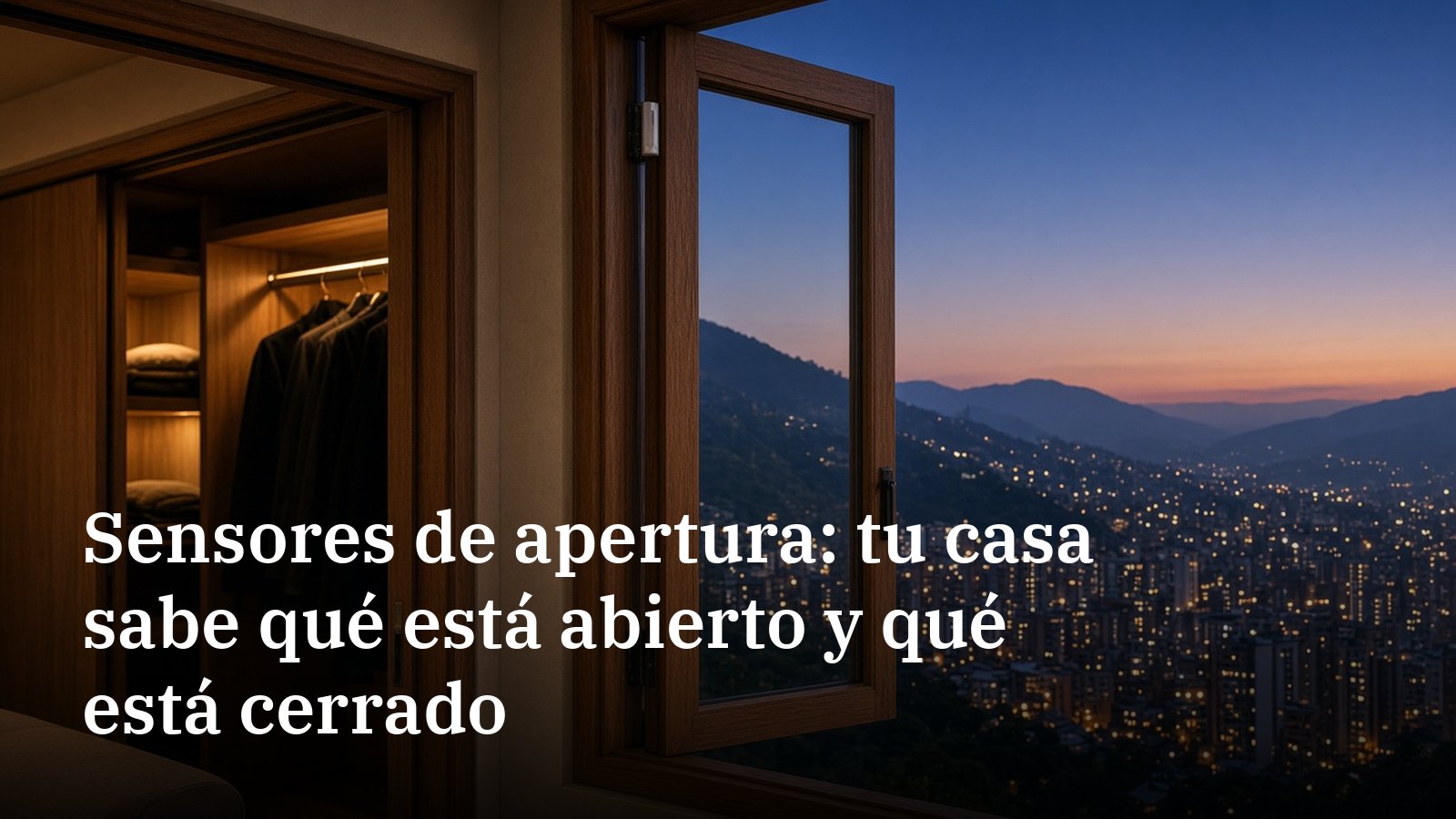 Habitación de un apartamento en Medellín al anochecer con una ventana de madera abierta, un pequeño sensor blanco en el marco, un closet iluminado y la ciudad encendida al fondo