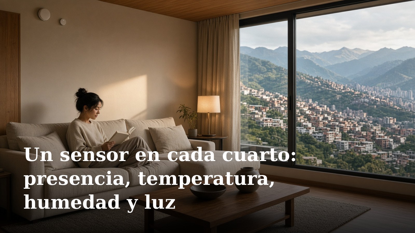 Mujer leyendo en un sofá claro de una sala con lámpara encendida, un sensor pequeño y blanco en lo alto de la pared y un ventanal con vista a las montañas de Medellín