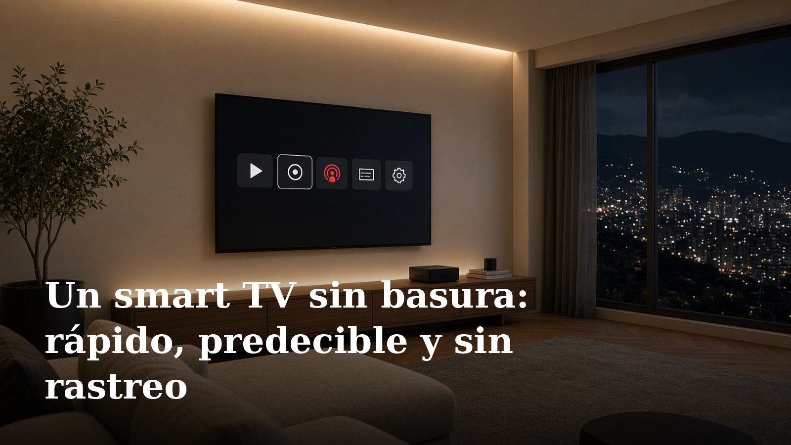 Sala moderna de noche con un televisor en la pared que muestra una pantalla de inicio simple con pocos íconos, un mueble de madera con un computador pequeño y un ventanal con las luces de la ciudad