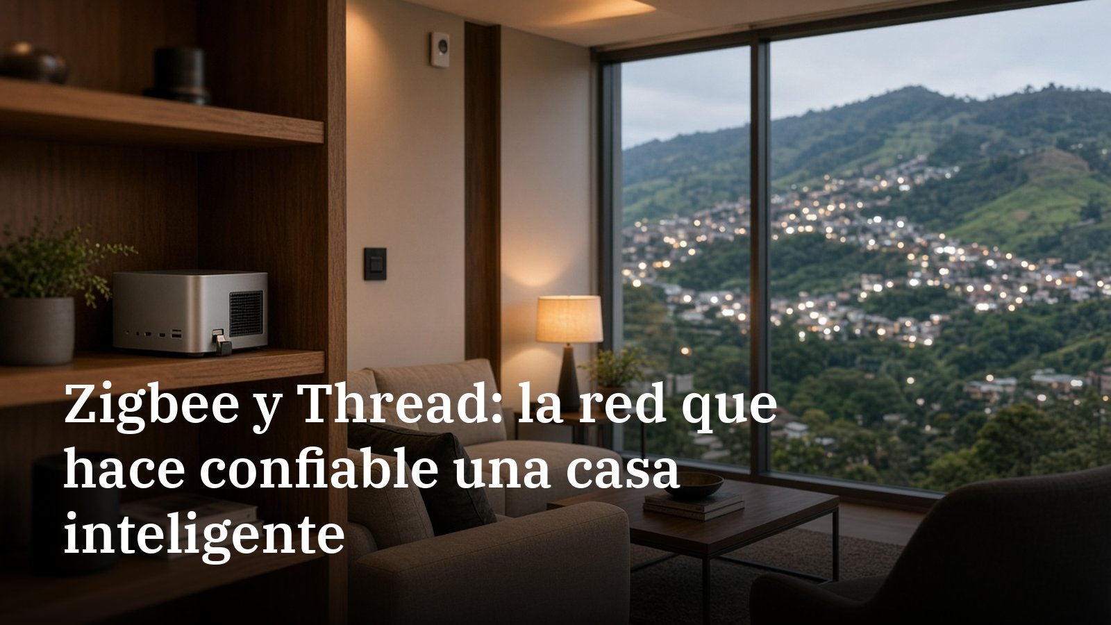 Sala de un apartamento en Medellín al anochecer con un mini servidor en la repisa, un pequeño dongle USB conectado y vista a la montaña iluminada